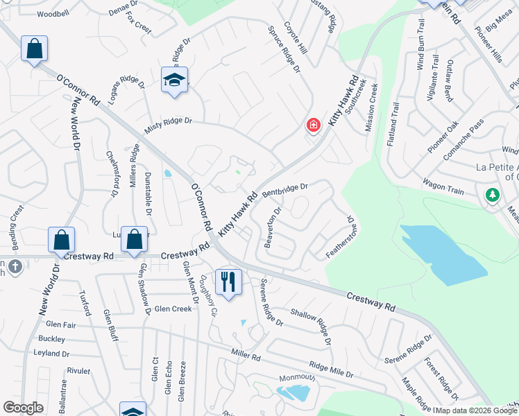 map of restaurants, bars, coffee shops, grocery stores, and more near 43 Bufflehead Drive in San Antonio