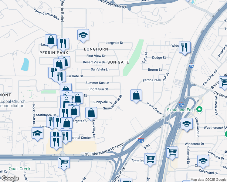 map of restaurants, bars, coffee shops, grocery stores, and more near 4423 Bright Sun Street in San Antonio