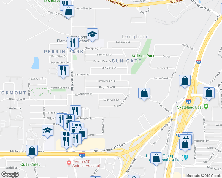 map of restaurants, bars, coffee shops, grocery stores, and more near 4347 Bright Sun Street in San Antonio