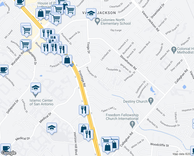 map of restaurants, bars, coffee shops, grocery stores, and more near 3518 Kingbard Street in San Antonio