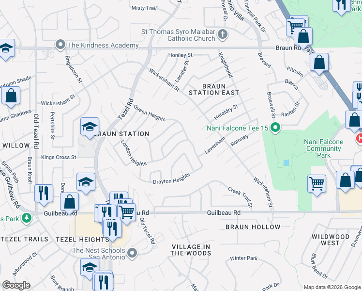 map of restaurants, bars, coffee shops, grocery stores, and more near 8615 London Heights in San Antonio