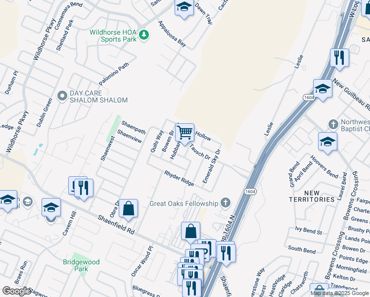 map of restaurants, bars, coffee shops, grocery stores, and more near 8927 Dusty Run Lane in San Antonio