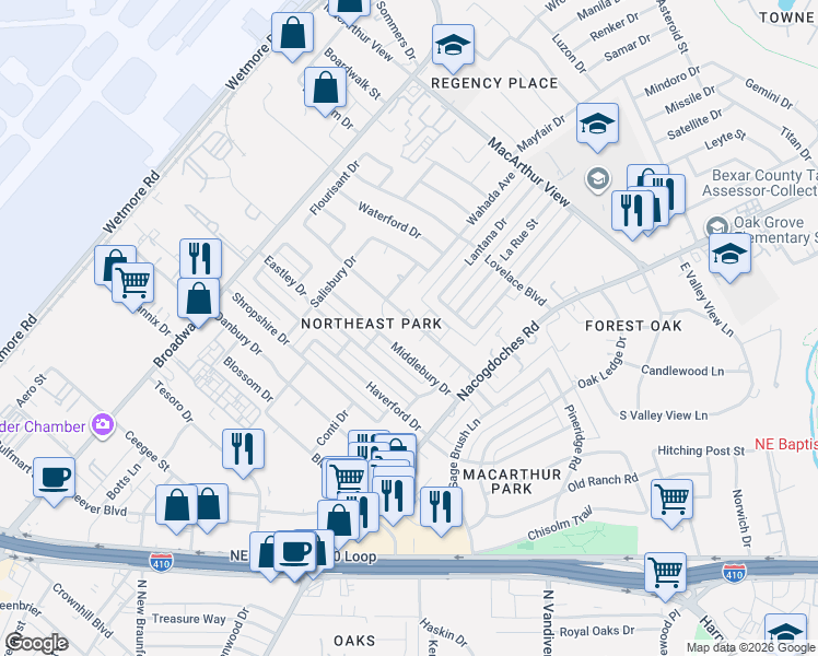 map of restaurants, bars, coffee shops, grocery stores, and more near 1 Woodbury Drive in San Antonio