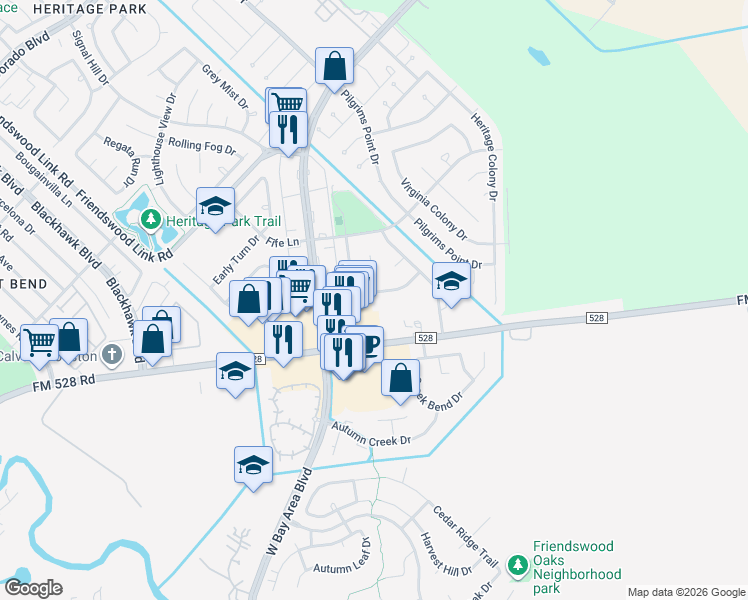 map of restaurants, bars, coffee shops, grocery stores, and more near 17518 Heritage Bay Drive in Webster