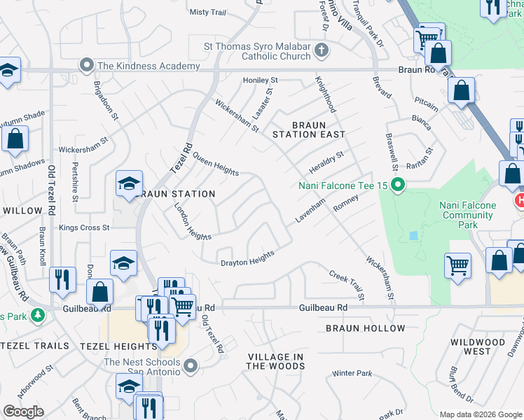 map of restaurants, bars, coffee shops, grocery stores, and more near 8615 London Heights in San Antonio
