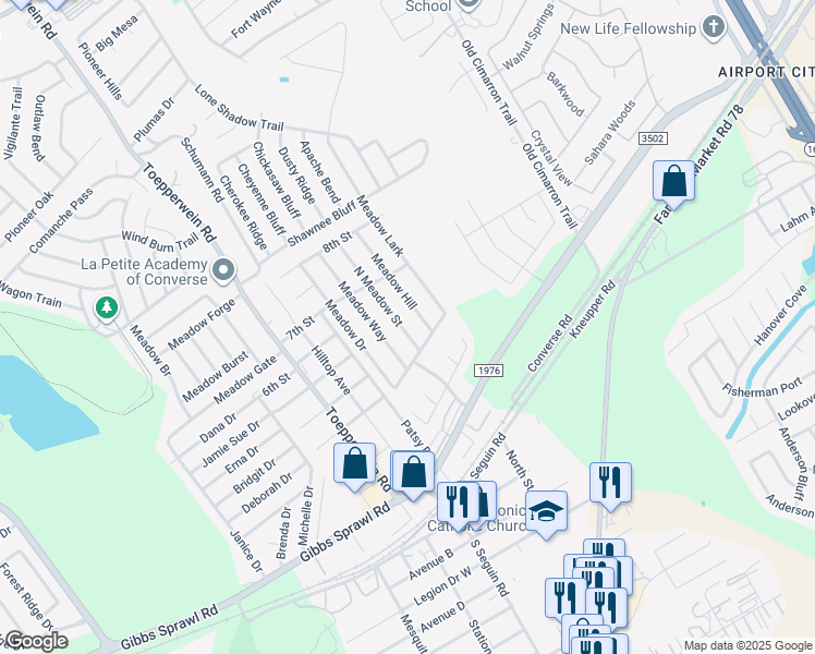 map of restaurants, bars, coffee shops, grocery stores, and more near 116 North Meadow Street in Converse