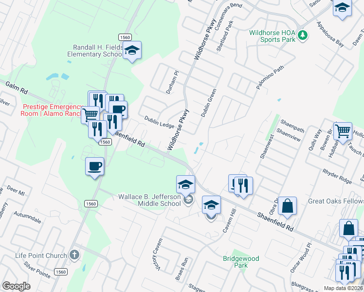 map of restaurants, bars, coffee shops, grocery stores, and more near 11126 Dublin Circle in San Antonio