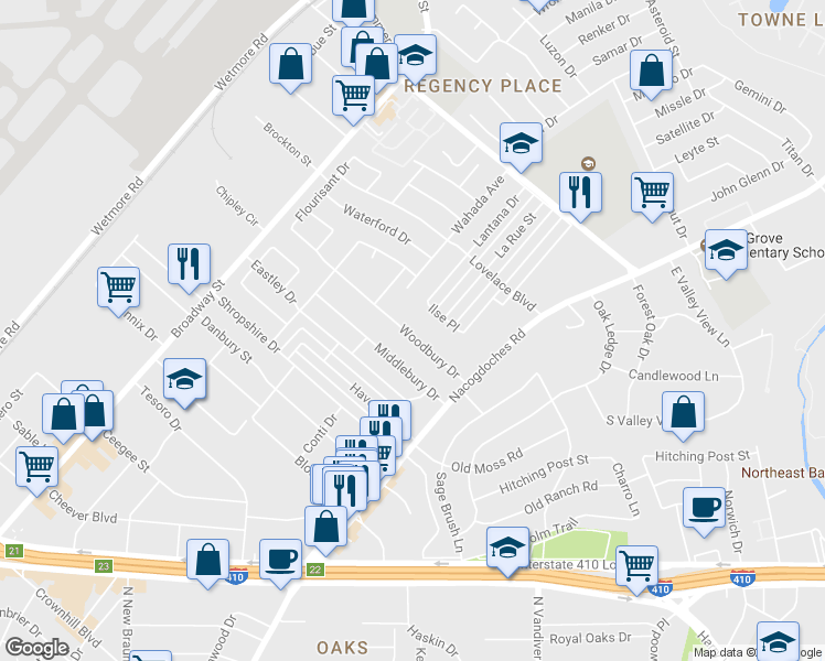 map of restaurants, bars, coffee shops, grocery stores, and more near 1 Woodbury Drive in San Antonio