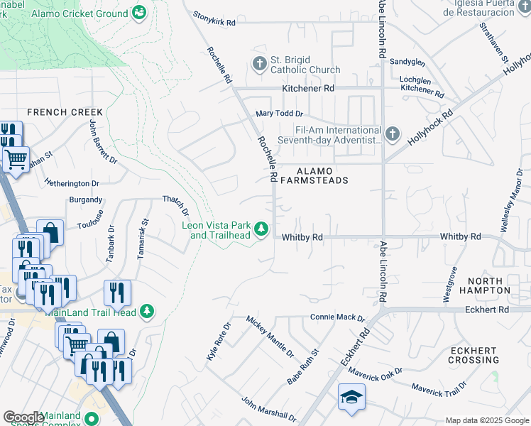 map of restaurants, bars, coffee shops, grocery stores, and more near 8693 Rochelle Road in San Antonio