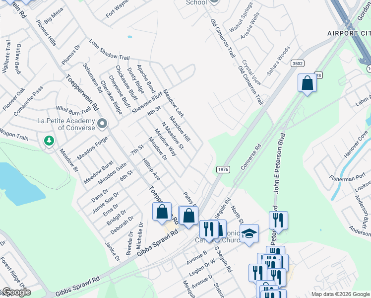 map of restaurants, bars, coffee shops, grocery stores, and more near 116 North Meadow Street in Converse