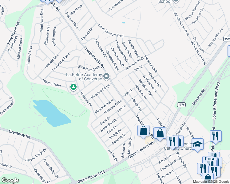 map of restaurants, bars, coffee shops, grocery stores, and more near 817 Toepperwein Road in Converse