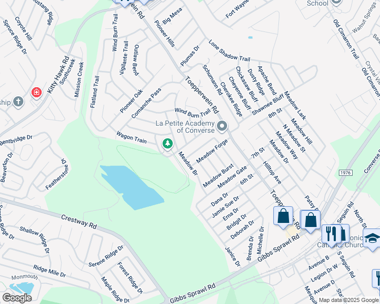 map of restaurants, bars, coffee shops, grocery stores, and more near 706 Meadow Top in Converse