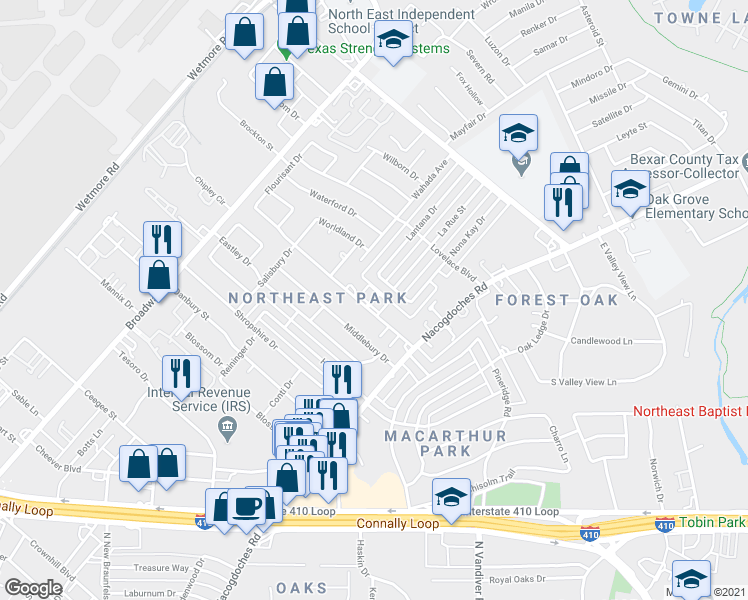 map of restaurants, bars, coffee shops, grocery stores, and more near 1 Woodbury Drive in San Antonio