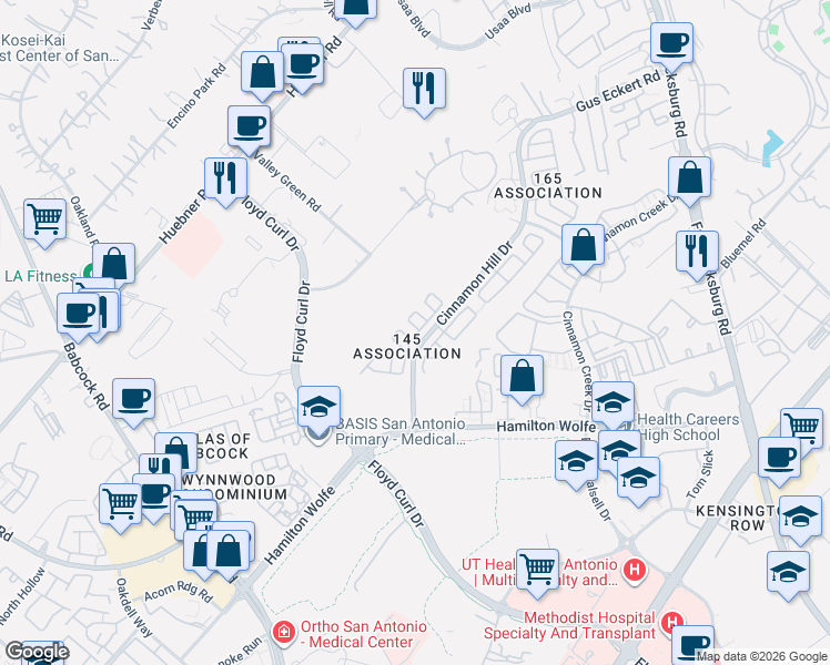 map of restaurants, bars, coffee shops, grocery stores, and more near 9014 Kenton Court in San Antonio