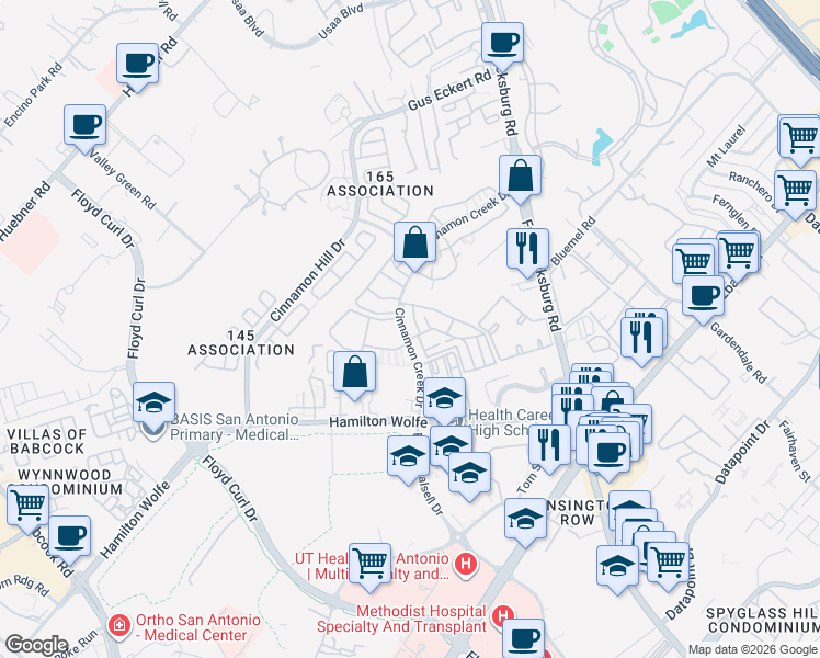 map of restaurants, bars, coffee shops, grocery stores, and more near 8800 Cinnamon Creek Drive in San Antonio