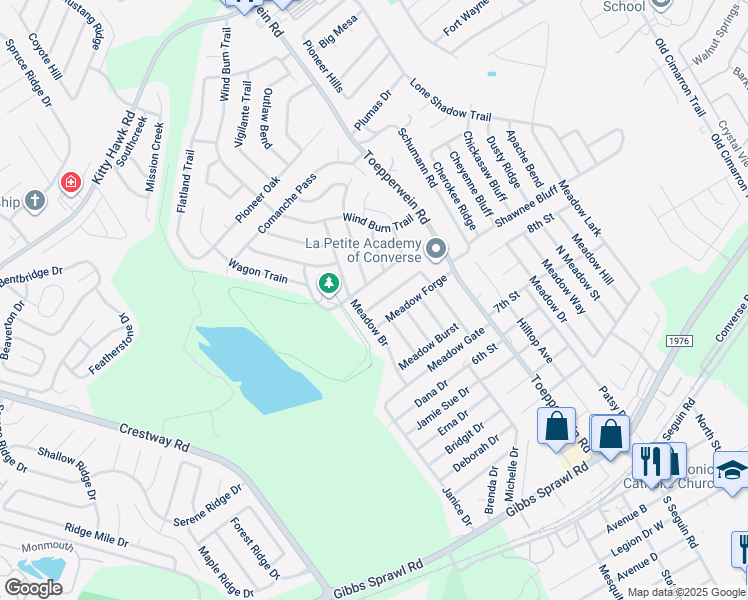 map of restaurants, bars, coffee shops, grocery stores, and more near 706 Meadow Top in Converse