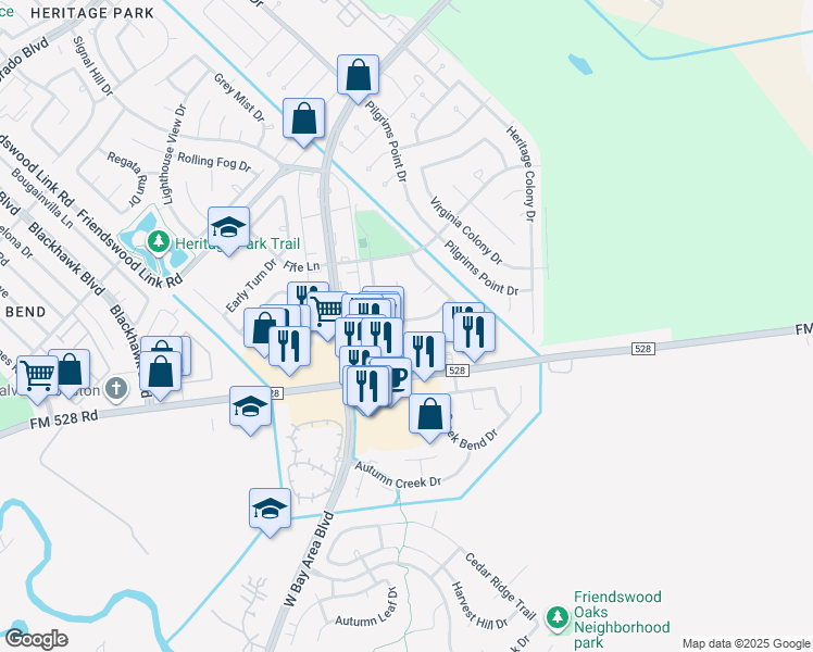 map of restaurants, bars, coffee shops, grocery stores, and more near 17602 Heritage Bay Drive in Webster