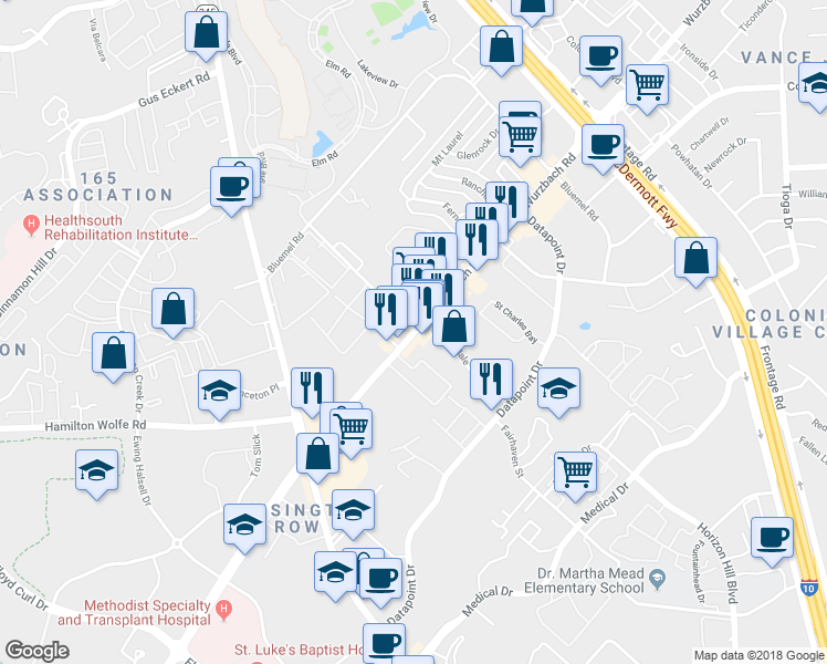 map of restaurants, bars, coffee shops, grocery stores, and more near 8779 Wurzbach Road in San Antonio