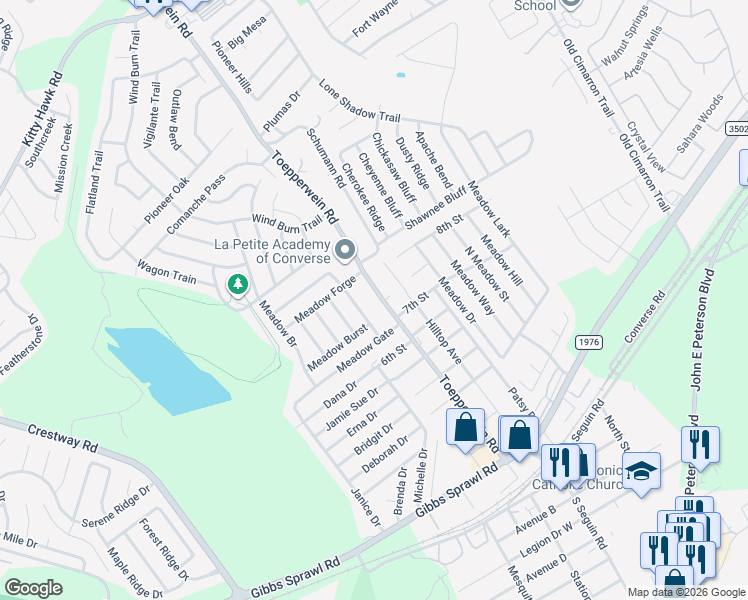 map of restaurants, bars, coffee shops, grocery stores, and more near 817 Toepperwein Road in Converse