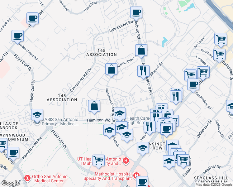map of restaurants, bars, coffee shops, grocery stores, and more near 8722 Cinnamon Creek Drive in San Antonio