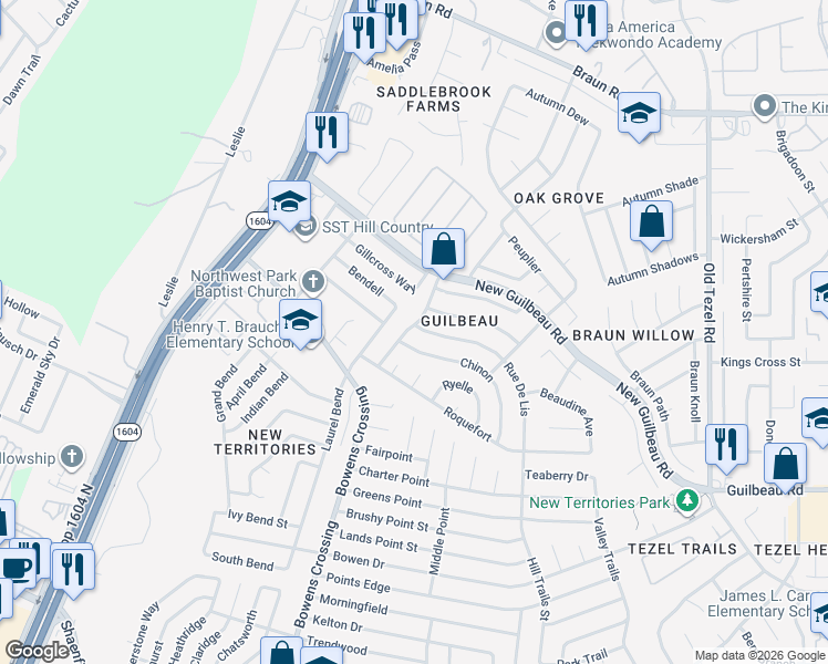 map of restaurants, bars, coffee shops, grocery stores, and more near 9239 Rue De Lis in San Antonio