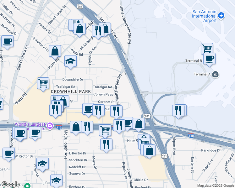map of restaurants, bars, coffee shops, grocery stores, and more near 9206 Jones Maltsberger Road in San Antonio