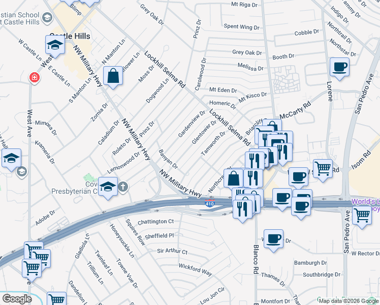 map of restaurants, bars, coffee shops, grocery stores, and more near 208 Glentower Drive in San Antonio
