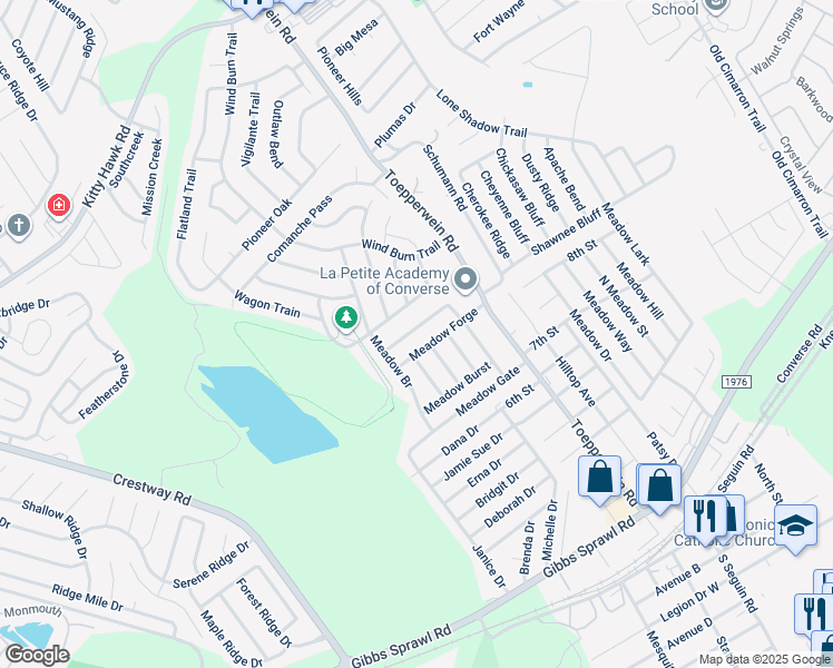 map of restaurants, bars, coffee shops, grocery stores, and more near 706 Meadow Top in Converse