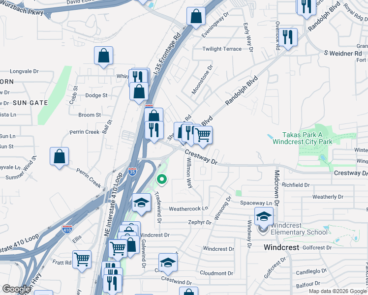 map of restaurants, bars, coffee shops, grocery stores, and more near 5106 Randolph Boulevard in San Antonio