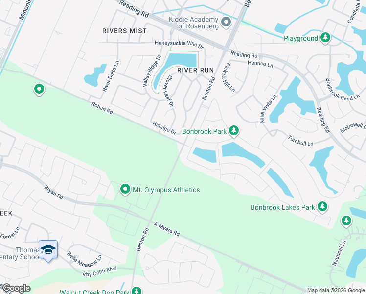 map of restaurants, bars, coffee shops, grocery stores, and more near Benton Road in Fort Bend County