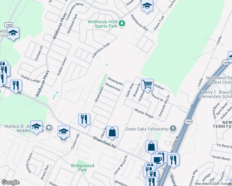map of restaurants, bars, coffee shops, grocery stores, and more near 10615 Shaenleaf in San Antonio