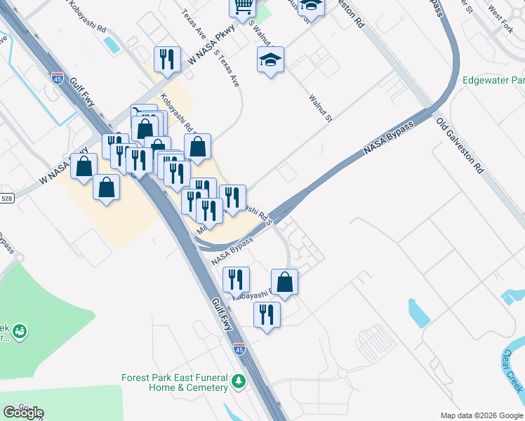 map of restaurants, bars, coffee shops, grocery stores, and more near 901 Kobayashi Rd S in Webster