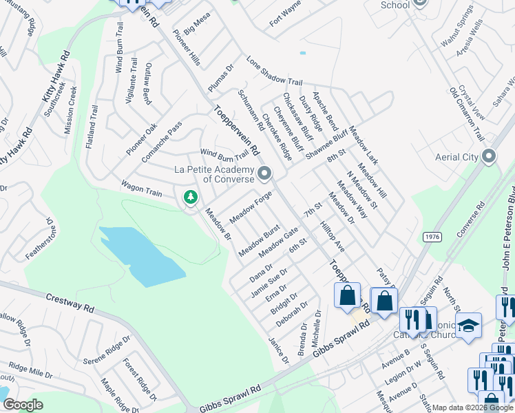 map of restaurants, bars, coffee shops, grocery stores, and more near 818 Meadow Peak in Converse
