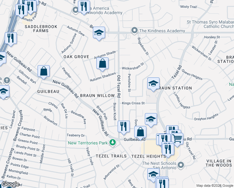map of restaurants, bars, coffee shops, grocery stores, and more near 8619 Pendragon Street in San Antonio