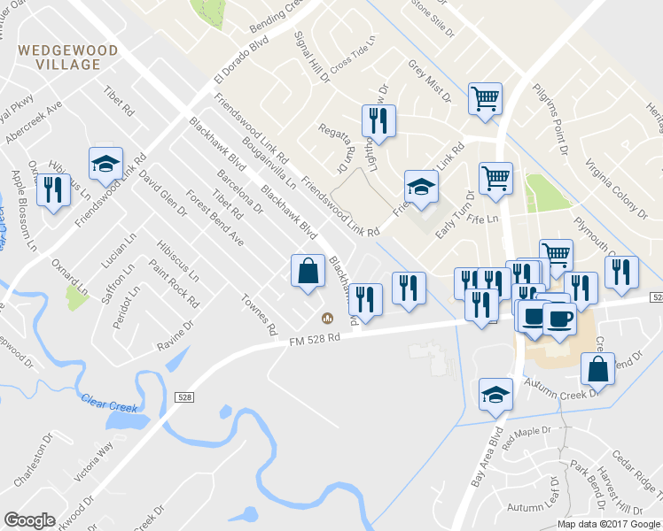 map of restaurants, bars, coffee shops, grocery stores, and more near 17136 Blackhawk Boulevard in Friendswood