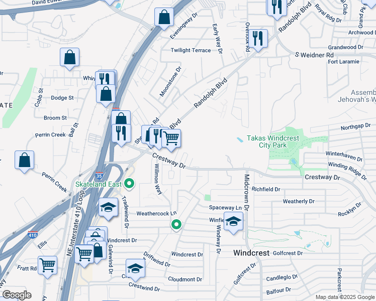 map of restaurants, bars, coffee shops, grocery stores, and more near 5226 Randolph Boulevard in San Antonio