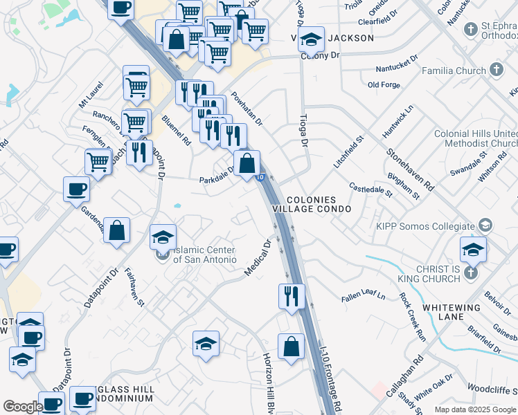 map of restaurants, bars, coffee shops, grocery stores, and more near 9110 Interstate 10 in San Antonio