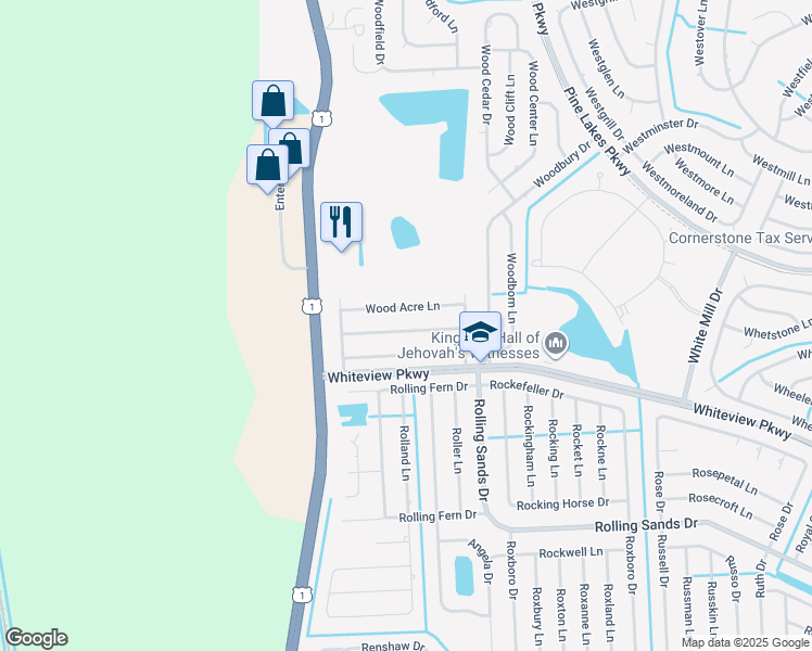 map of restaurants, bars, coffee shops, grocery stores, and more near 19 Wood Amber Lane in Palm Coast