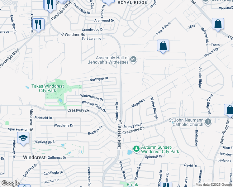 map of restaurants, bars, coffee shops, grocery stores, and more near 6022 Wildwind Drive in San Antonio