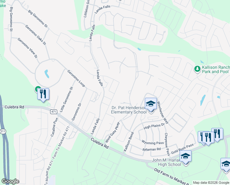 map of restaurants, bars, coffee shops, grocery stores, and more near 8915 Lamus Wheel in San Antonio