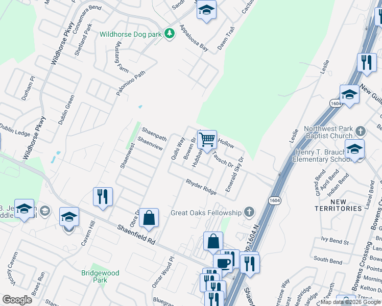 map of restaurants, bars, coffee shops, grocery stores, and more near 9006 Bowen Branch in San Antonio