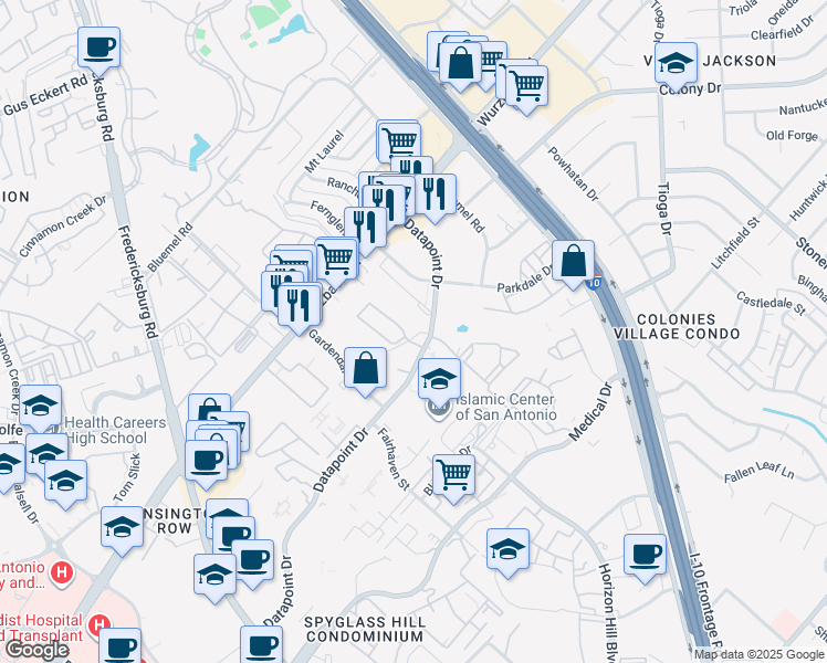 map of restaurants, bars, coffee shops, grocery stores, and more near 4118 Saint Charles Bay in San Antonio