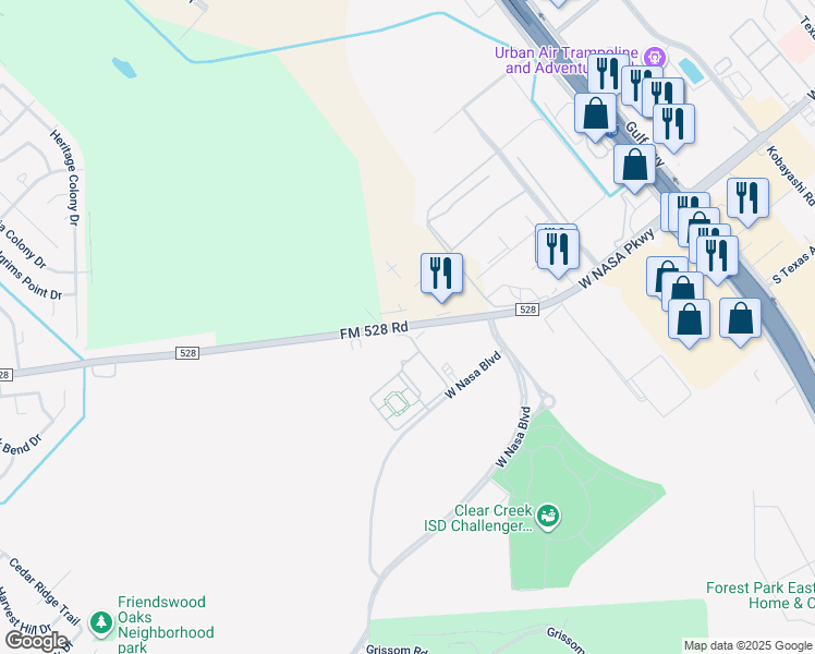 map of restaurants, bars, coffee shops, grocery stores, and more near 1795 FM 528 Road in Webster