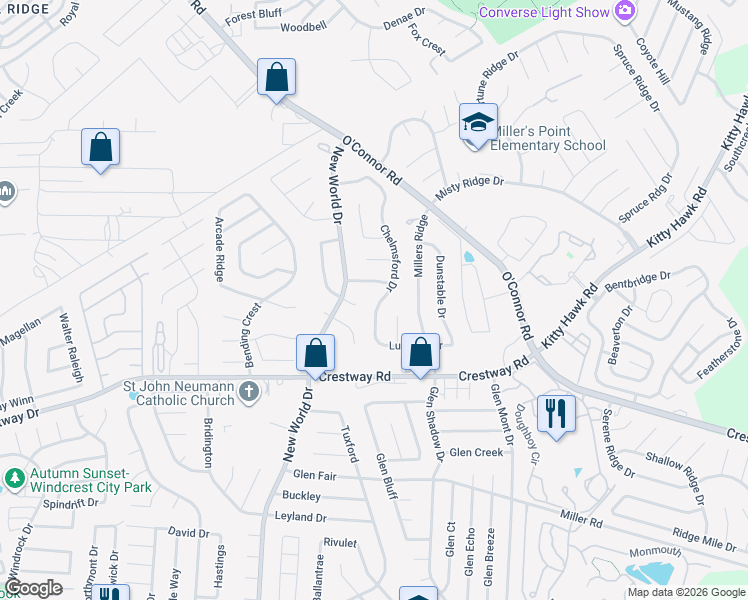 map of restaurants, bars, coffee shops, grocery stores, and more near 9525 Chelmsford in San Antonio