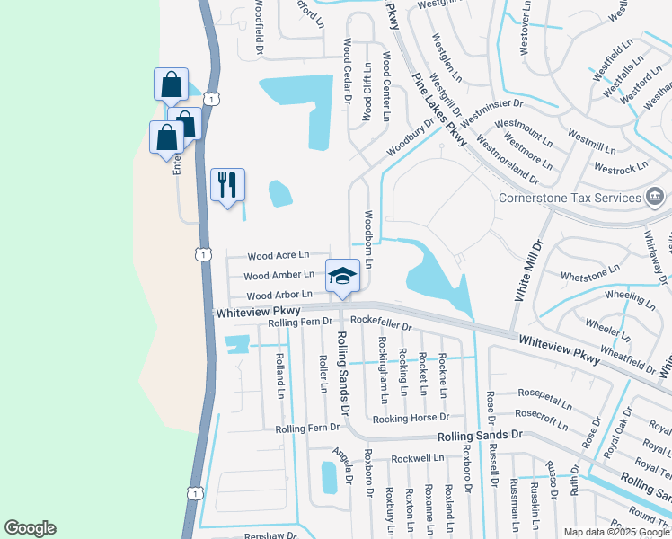 map of restaurants, bars, coffee shops, grocery stores, and more near 12 Wood Aspen Lane in Palm Coast