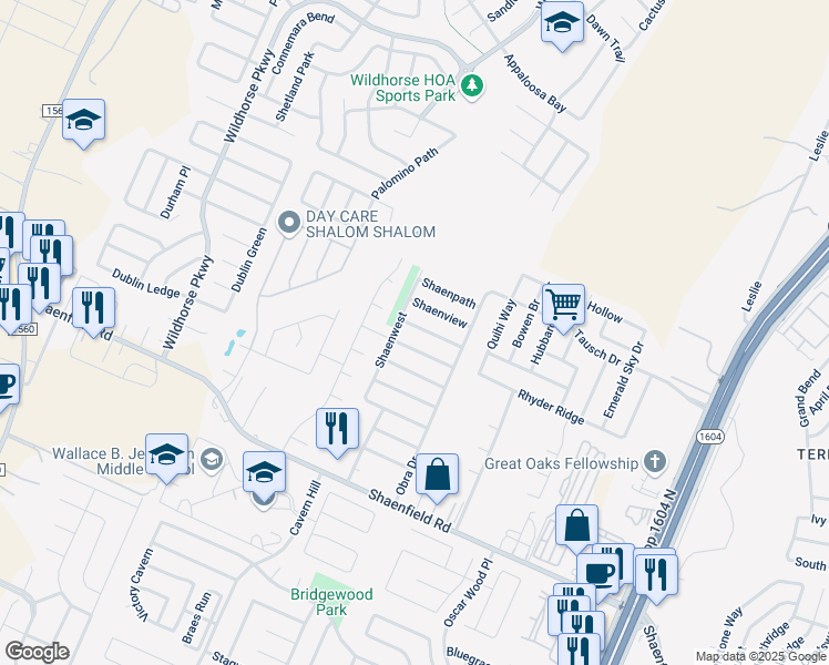 map of restaurants, bars, coffee shops, grocery stores, and more near 10718 Shaenleaf in San Antonio