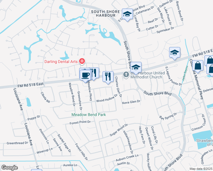 map of restaurants, bars, coffee shops, grocery stores, and more near 2926 Meadow Brook Drive in League City