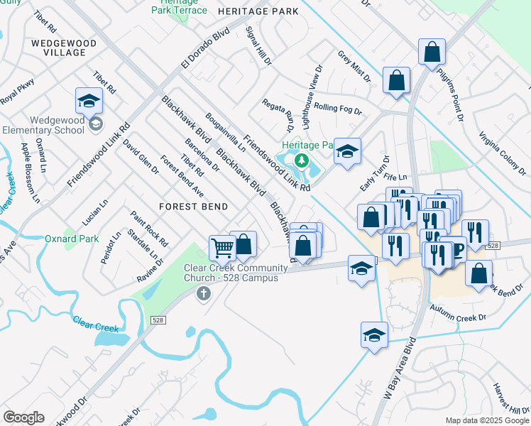 map of restaurants, bars, coffee shops, grocery stores, and more near 17123 Barcelona Drive in Friendswood