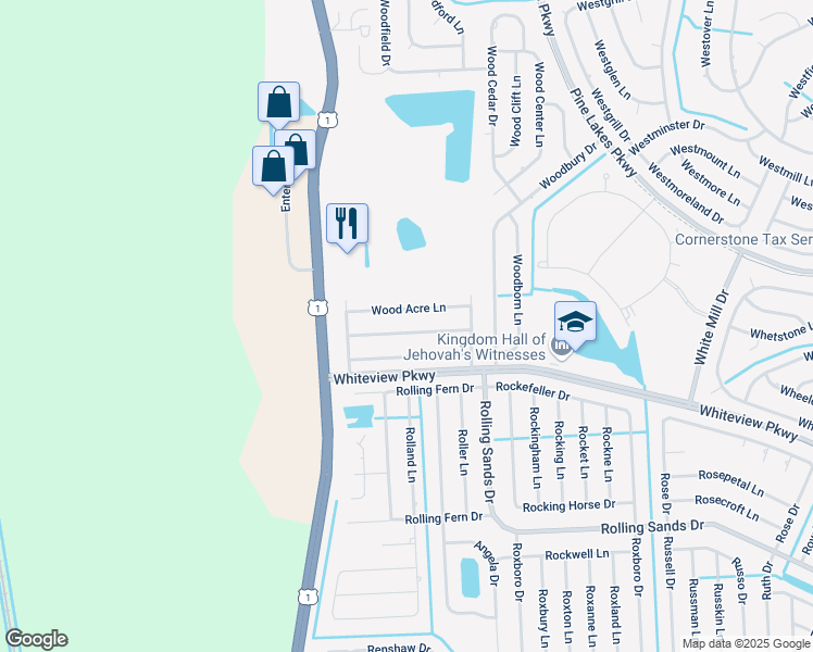 map of restaurants, bars, coffee shops, grocery stores, and more near 19 Wood Amber Lane in Palm Coast