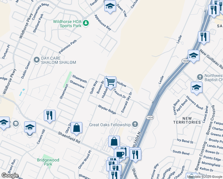 map of restaurants, bars, coffee shops, grocery stores, and more near 8927 Dusty Run Lane in San Antonio